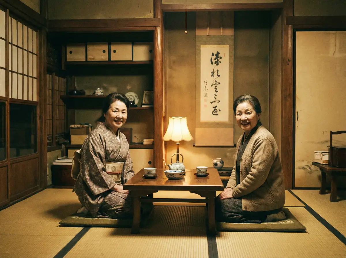 两位优雅的 果冻传媒 在日式茶室中品茶交谈